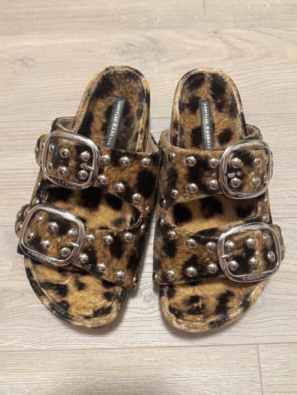 Loeffler Randall Leopard Print Studded Fur Slide Sandals in Brown and Black